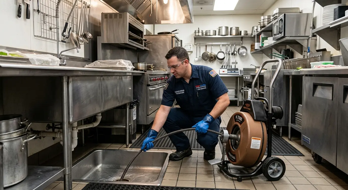 Commercial drain cleaning service in a restaurant kitchen in Walpole