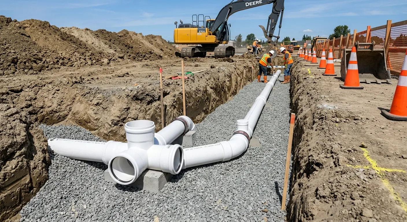 New PVC sewer pipe installation in open trench for Sewer Backup in Walpole