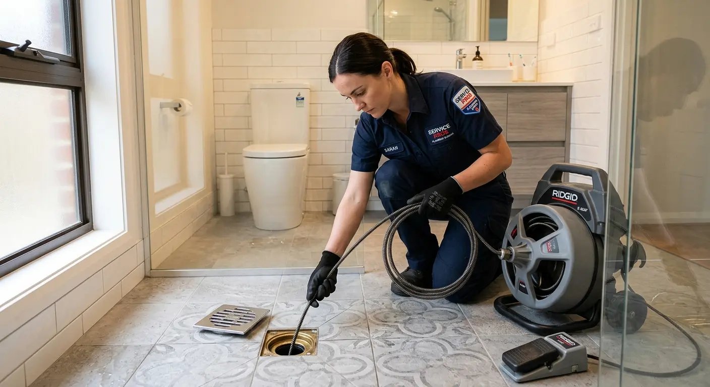 Technician clearing a bathroom floor drain for Sewer Line Replacement in Walpole